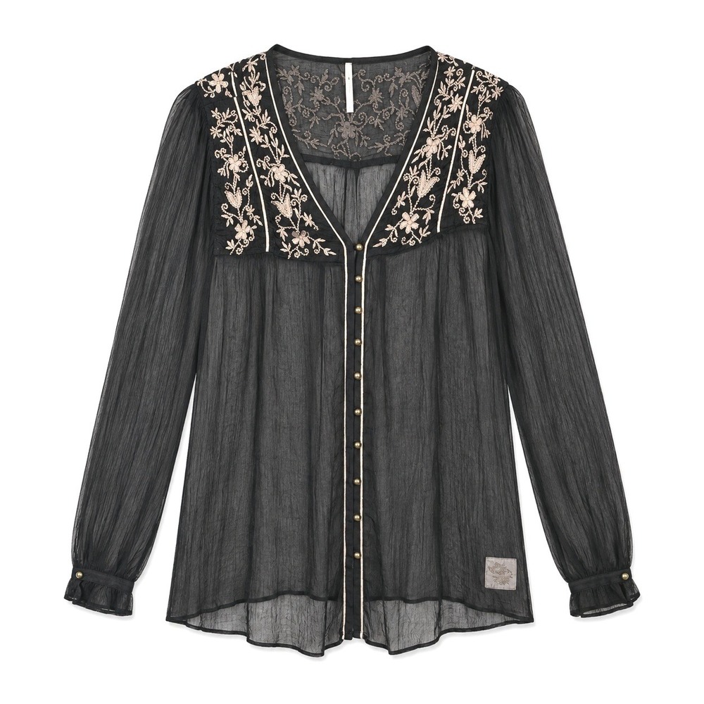 Free People Piped Dreams Blouse Women's S Black Sheer Embroidered Boho Gothic